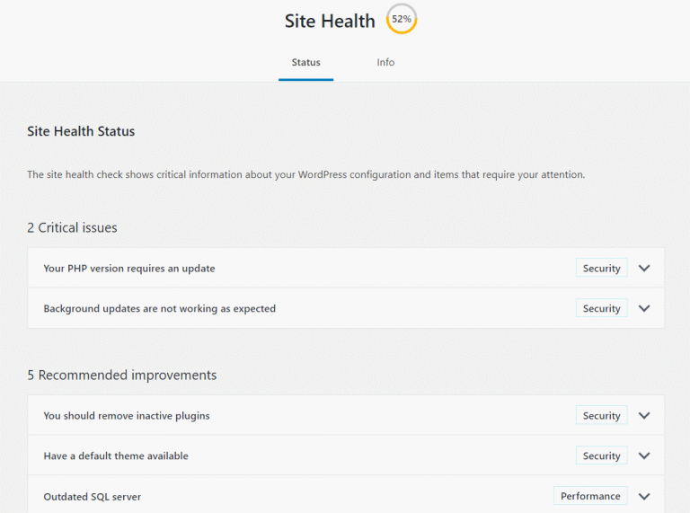 Wordpress site health, test järjestelmän komponentit