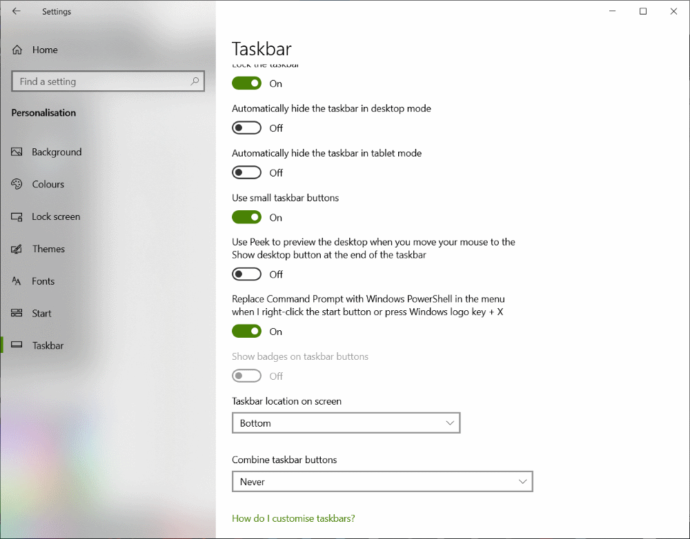 windows 10 taskbar asetukset